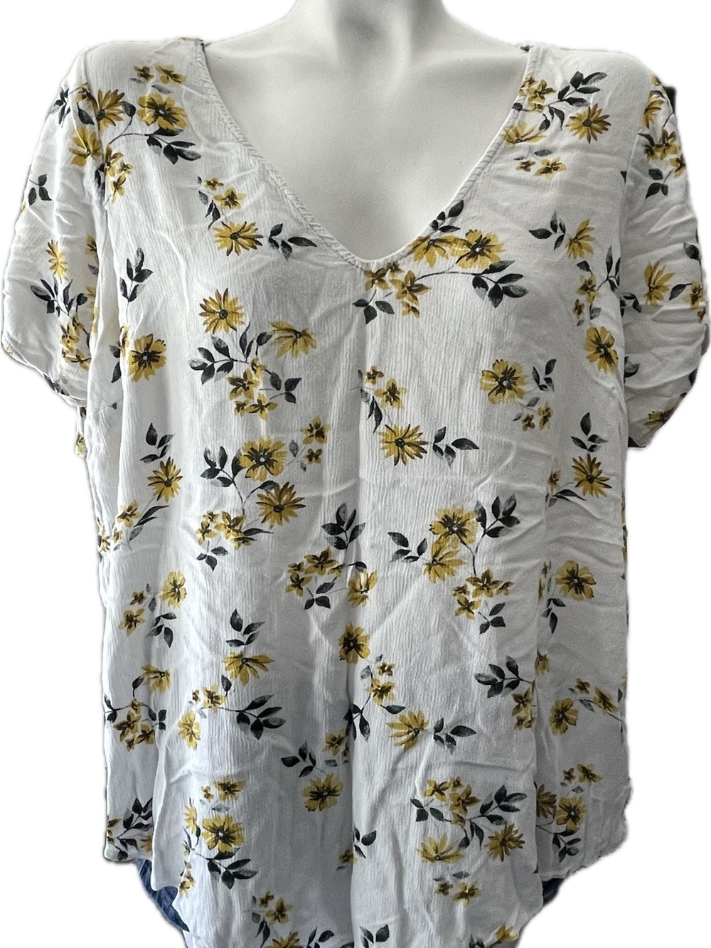 torrid White V-Neck Blouse with Yellow Floral Print